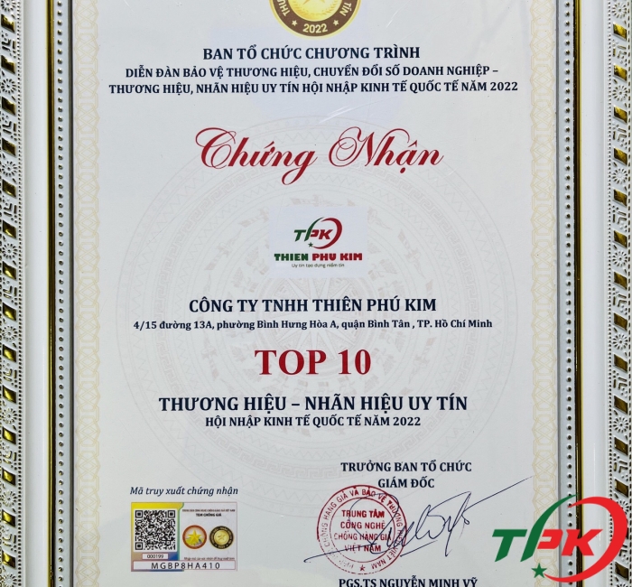 CHỨNG NHẬN TOP 10 THƯƠNG HIỆU - NHÃN HIỆU UY TÍN 2022