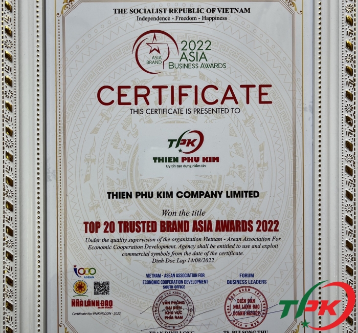 CHỨNG NHẬN TOP 20 ASIA